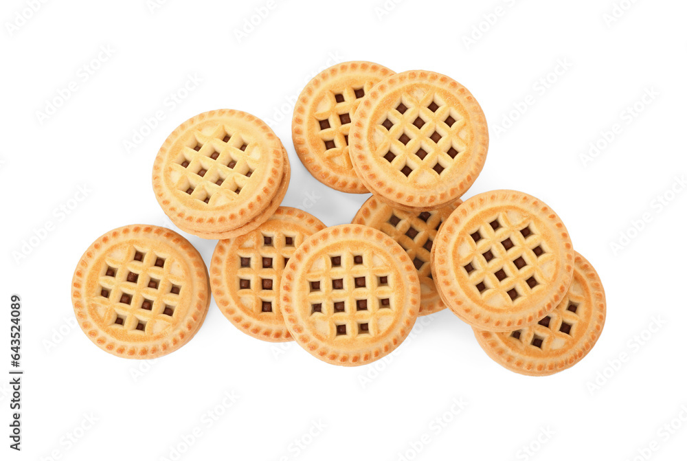 Tasty sandwich cookies with cream isolated on white, top view Tasty sandwich cookies with cream isolated on white, top view
