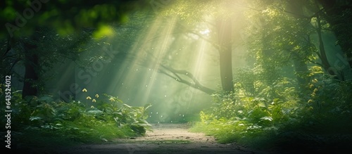 Forest background with sun rays soft magical feeling summer or spring scenery © vxnaghiyev