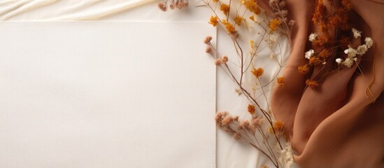 Autumn themed wedding business design template with blank card in frame dried flowers orange knitted fabric and neutral beige background