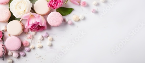 Handcrafted marshmallow flowers on a bright backdrop Women s day Valentine s day theme Space for text