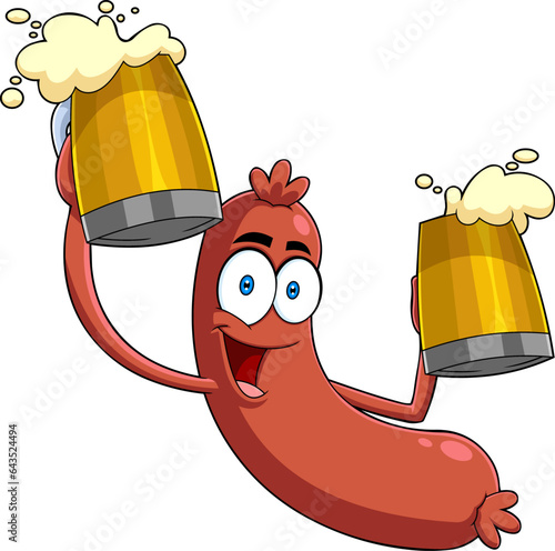 Happy Sausage Cartoon Character Holding Two Mugs Of Beer. Vector Hand Drawn Illustration Isolated On Transparent Background