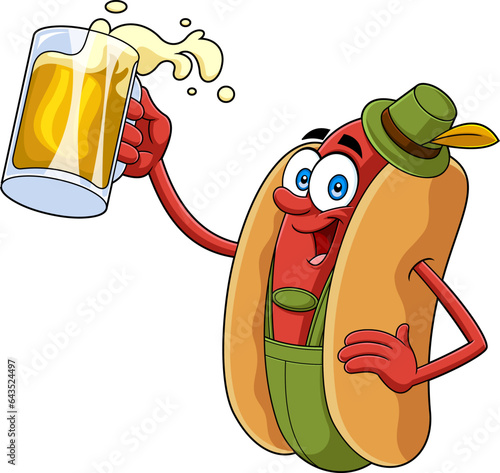 Happy HotDog Cartoon Character In Traditional Bavarian Clothes Holding A Beer Glass. Vector Hand Drawn Illustration Isolated On Transparent Background