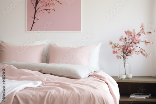 Modern Room With Pillow Bed With Pink Cotton Linens Closeup .   oncept Room Styling  Pillow Beds  Cotton Linens  Pink Color Palette