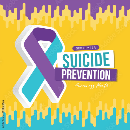 September Suicide prevention awareness month text and 3D Teal purple ribbon awareness sign on yellow background vector design