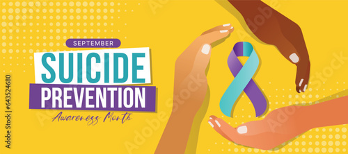 September Suicide prevention awareness month - Teal purple ribbon awareness sign with hands hold around on yellow background vector design
