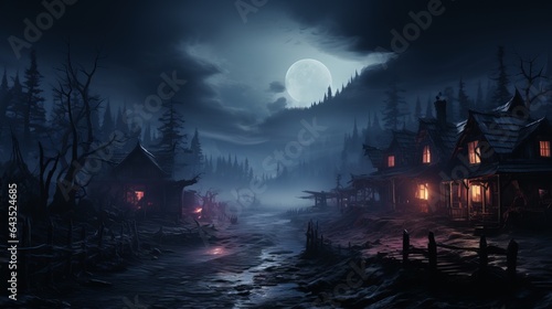 Enchanting Night: Mystical Moonlight, Haunted House, and Spooky Silhouettes Illuminate a Scary Fantasy Landscape, generative AI
