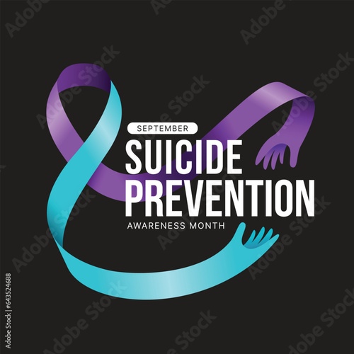 September Suicide prevention awareness month text and Teal purple ribbon awareness with the end of the ribbon is hands shape on black background vector design