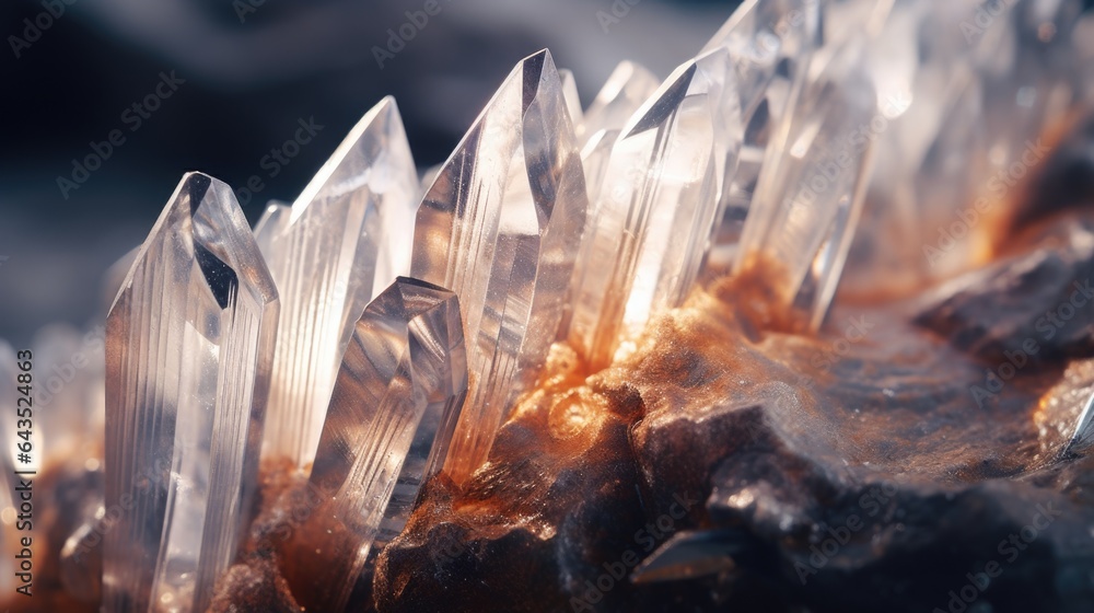 Clear quartz like crystal cluster points, brilliant translucent clarity, faceted light shine, crystalline mineral embedded into rock - generative AI    - obrazy, fototapety, plakaty 