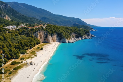 Aerial view of Vlacherna beach, Kefalonia island, Greece. Aerial flight with drone over famous beach of Kavalikefta on the island of Lefkada in the Ionian Sea in Greece, AI Generated photo