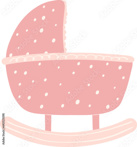 Cute baby shower, pink pram cartoon doodle flat desing illustration.
