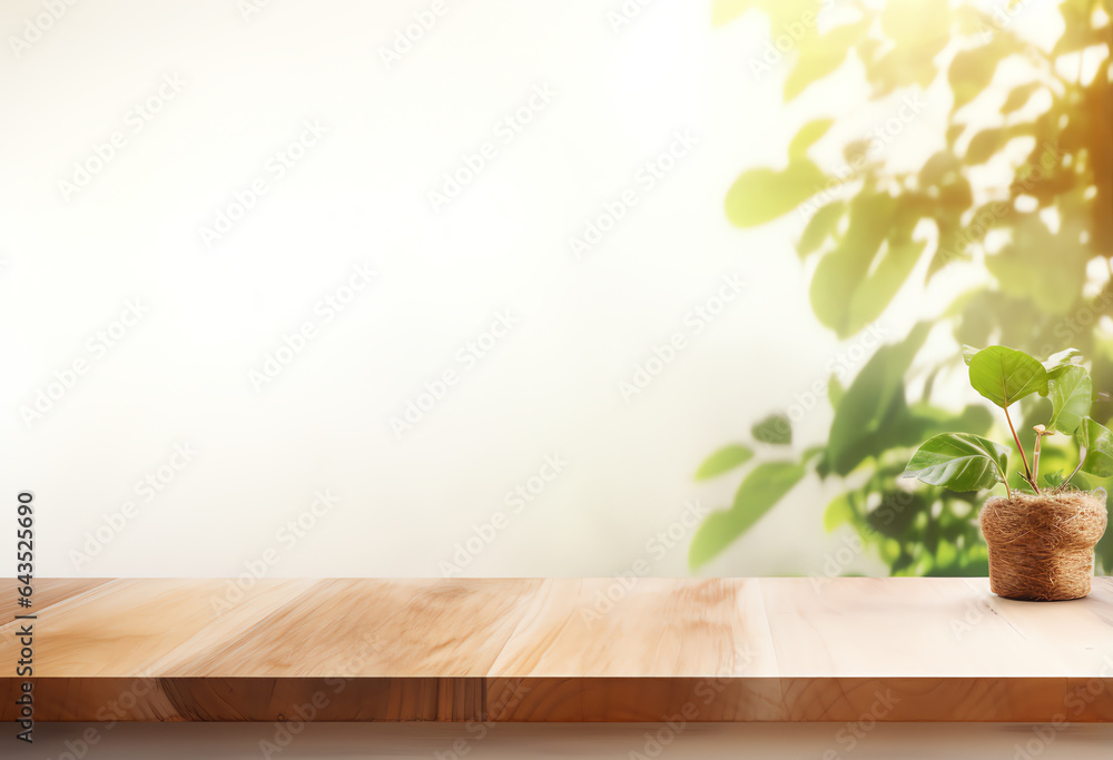 Abstract blank wooden tabletop over blurred green plant in garden background with morning sunlight Abstract blank wooden tabletop over blurred green plant in garden background with morning sunlight