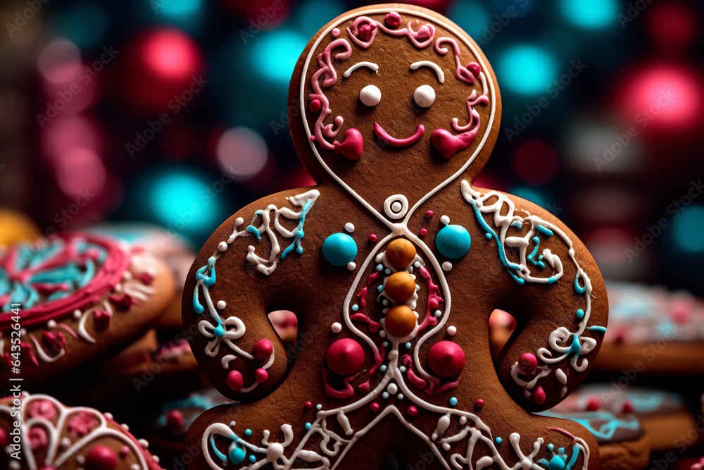 A macro shot reveals the vibrant and detailed icing decorations on a classic gingerbread man, evoking holiday nostalgia