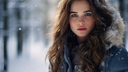 Model in a snow-covered forest, highlighting her rosy cheeks and frosty ambiance © Filip