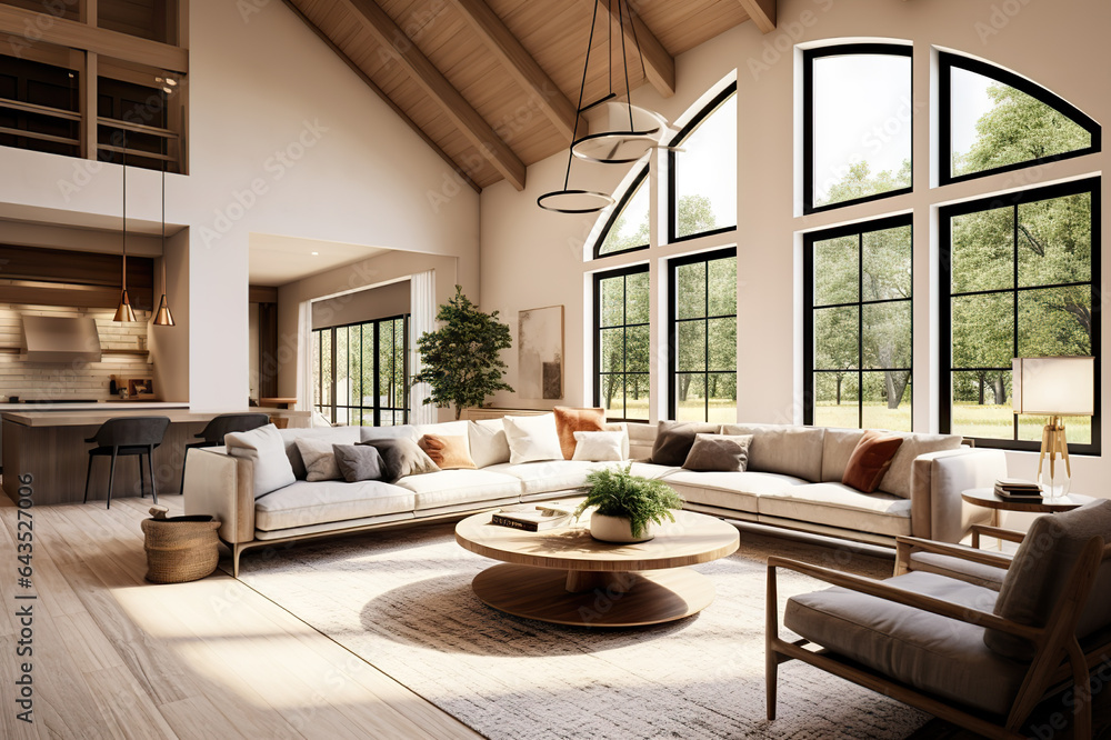 Fototapeta premium Rustic Charm meets Modern Elegance Interior Design of Farmhouse Living Room with Vaulted Ceiling. created with Generative AI