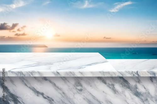 pedestal made of white marble with a background of the ocean superior photograph. generative AI  © SAJAWAL JUTT
