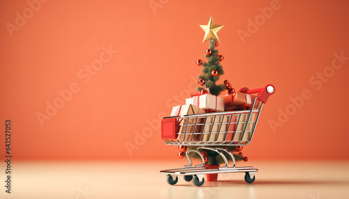Minimalist modern Christmas shopping cart, Christmas shopping concept background