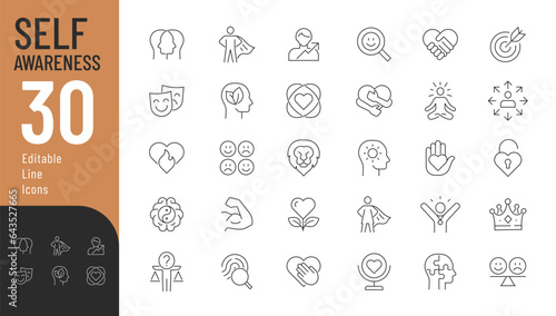 Self Awareness line editable icons set. Vector illustration in modern thin line style of self estimate related icons: self-care, self-love, self-acceptance, and personal growth. Isolated on white