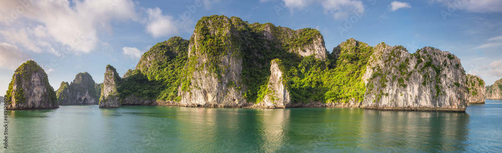 Panoramic view of islands and mountains in the sea at Ha Long Bay in Vietnam