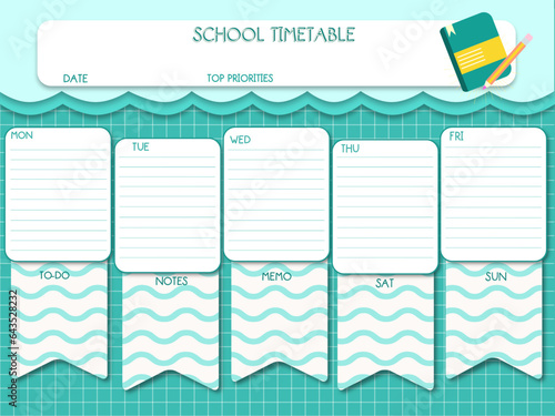 School timetable green  background for motes, weekly planer, notes, to do, memo, individual organizer design for kids education 