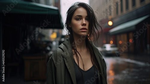 Model exuding sadness on a rain-soaked street setting.