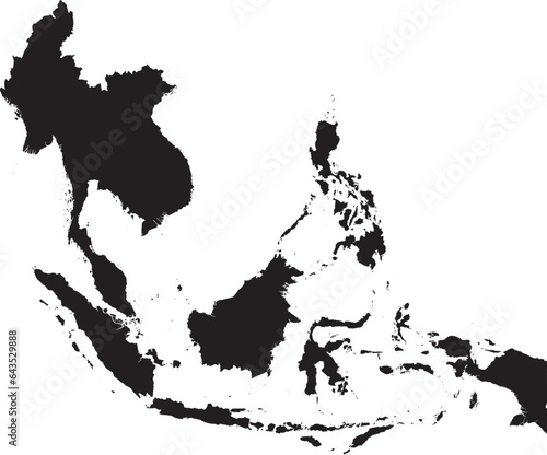 BLACK CMYK color detailed flat stencil map of the region of SOUTHEAST ASIA on transparent background