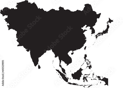 BLACK CMYK color detailed flat stencil map of the continent of ASIA on transparent background