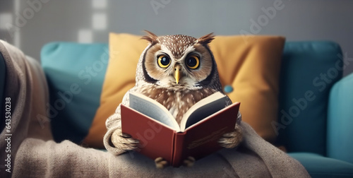Little cute owl in glasses reading a book. Education and learning concept. Symbol of wisdom and knowledge photo