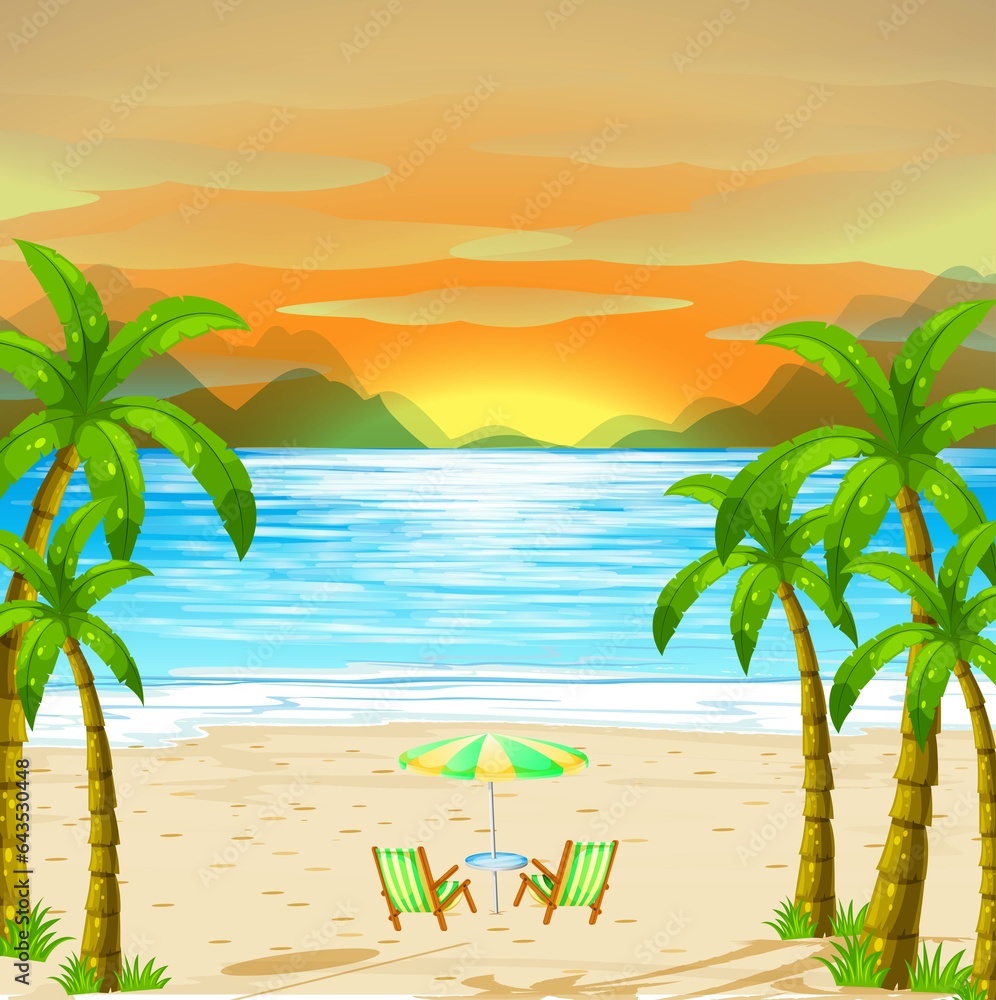 Summer beach with palm trees, illustration background