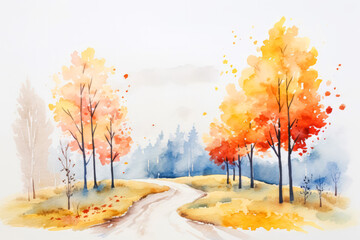 Simple watercolor autumn landscape scenery. Beautiful nature fall season background.