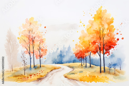 Simple watercolor autumn landscape scenery. Beautiful nature fall season background.