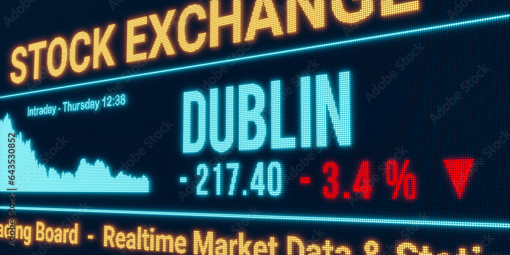 Dublin, stock market moving down. Negative stock exchange data, falling chart on the screen. Red percentage sign, loss and investment. 3D illustration
