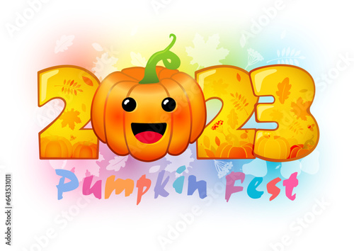 Pumpkin fest holiday banner. Hello Fall 2023 number design idea. Harvest festival greetings. Creative text style. Greeting card. Autumn leaves. Thanksgiving Day congrats concept. Funny 3D pumpkin.