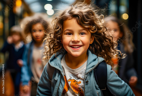 children smiling in the school hallway, happy, back to school,