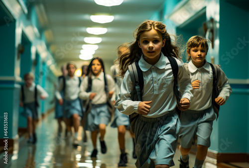 children smiling in the school hallway, happy, back to school,