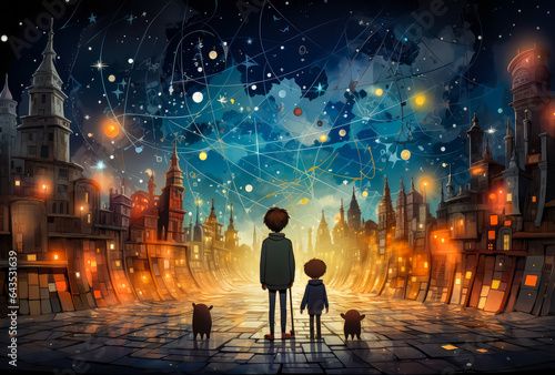 children with dogs holding chalks in front a fantasy city with painting sky,