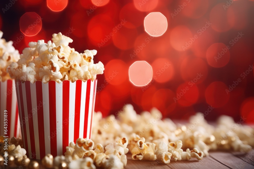 Popcorn in a striped bucket, red film cinema popcorn food corn movie box. Generative A