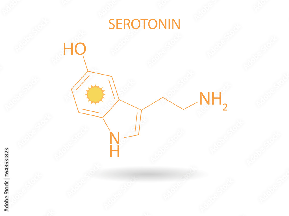 Chemical structure of serotonin on a white background, with a sun