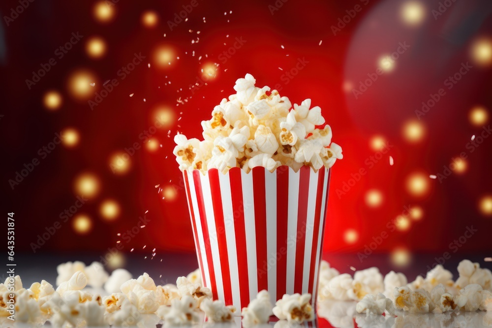Popcorn in a striped bucket, red film cinema popcorn food corn movie box. Generative A
