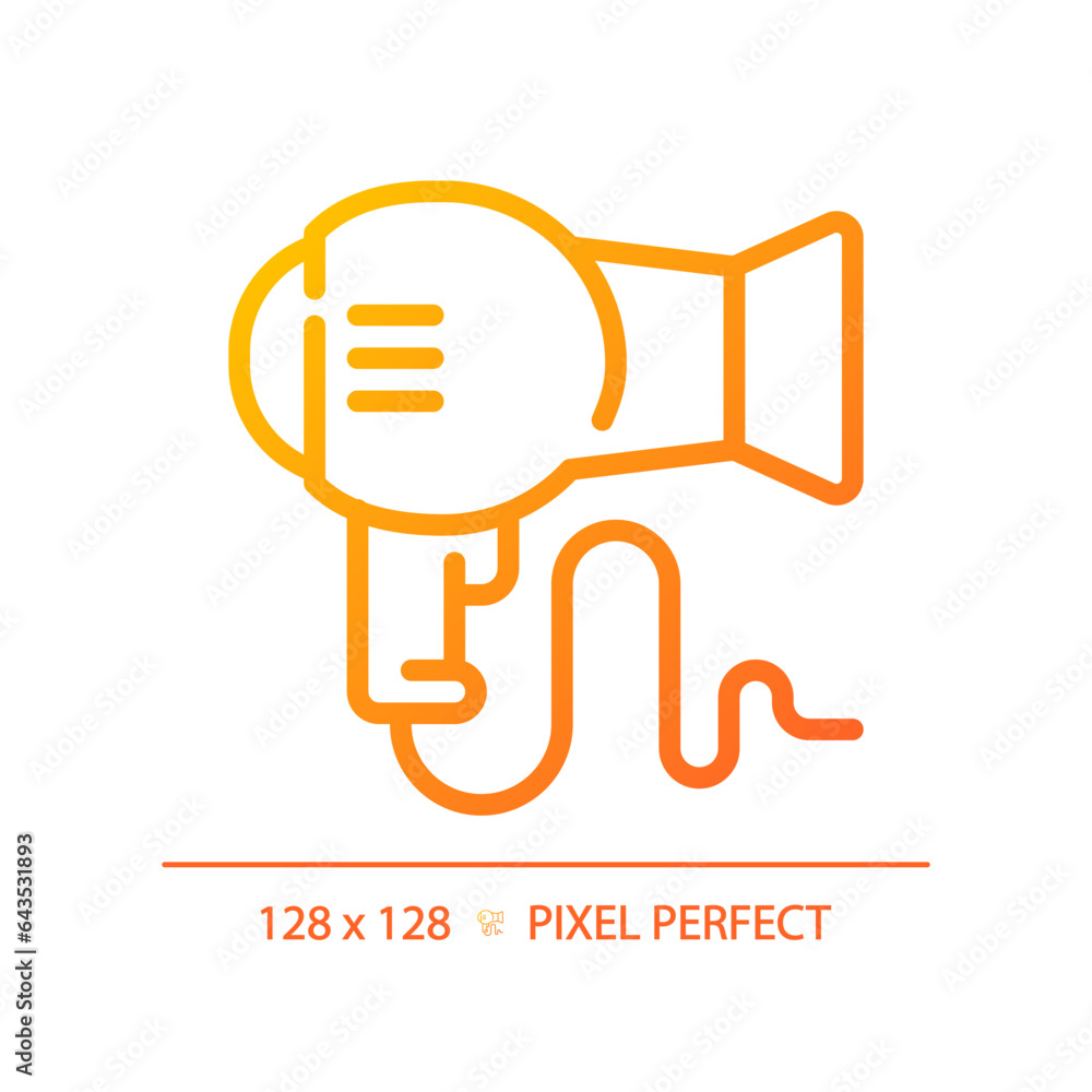 2D pixel perfect hair dryer gradient icon, isolated vector, haircare thin line simple orange illustration. 2D pixel perfect hair dryer gradient icon, isolated vector, haircare thin line simple orange illustration.
