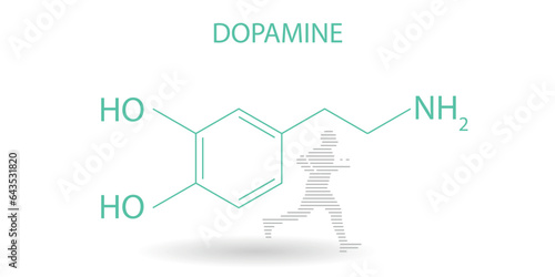 Chemical structure of dopamine on white background, with a runner. Chemical concept of happiness.