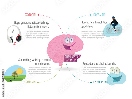 The chemistry of happiness.happy brain and from it come out the 4 main parts which are oxytocin,serotonin,dopamine,endorphins, with their icons .