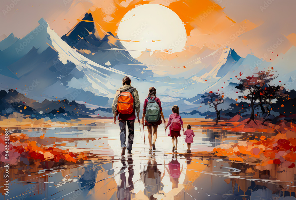 painting of a landscape with a family walking, red sky, a moon and trees, painting - obrazy, fototapety, plakaty 