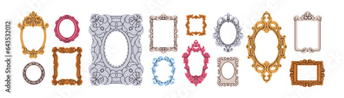 Empty picture frames in vintage victorian style. Antique classic carved frameworks set. Ornament borders, retro decorations for painting, photo. Flat vector illustration isolated on white background
