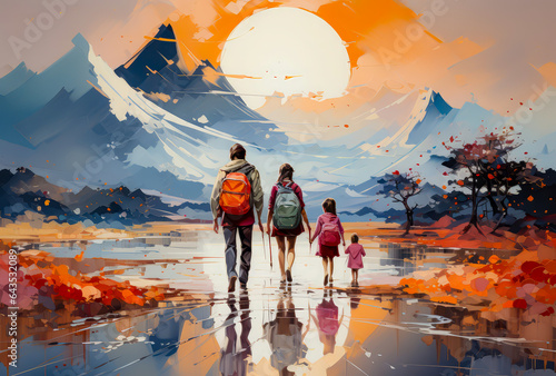 painting of a landscape with a family walking, red sky, a moon and trees, painting