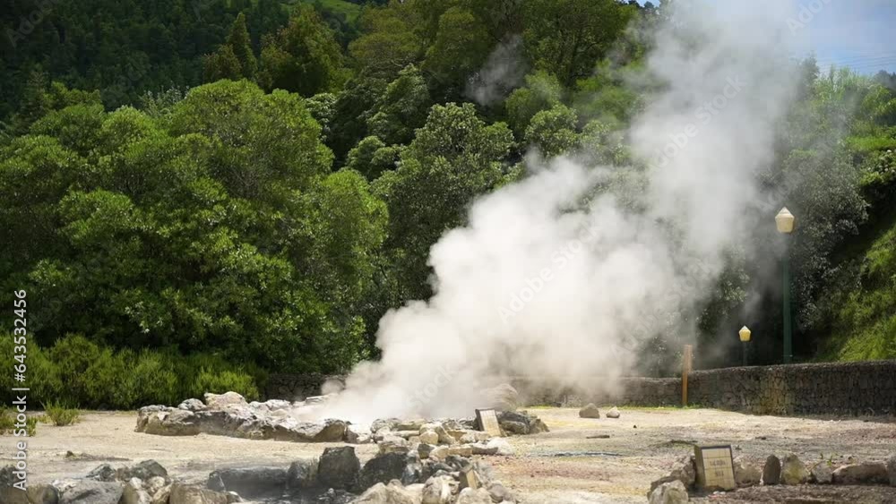 120 fps slow motion clip of an active Geyser, geothermal hot springa at natural landmark 