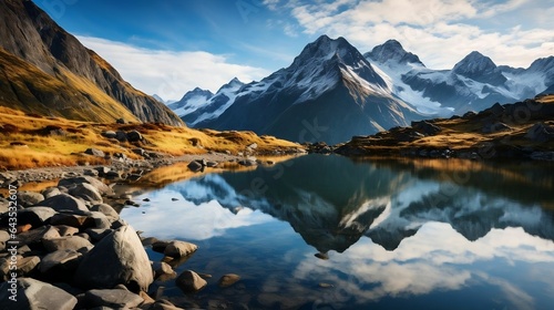 Rugged mountains reflecting in a tranquil alpine lake 