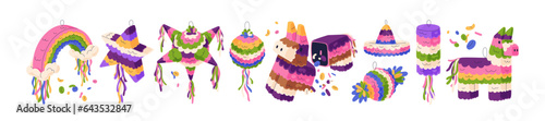 Pinata with sweets, Mexican holiday toys set. Funny paper animals, star decorations with candies for Mexico party, traditional festival. Flat graphic vector illustrations isolated on white background