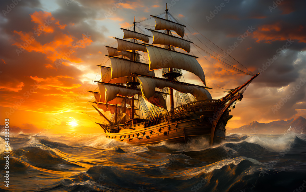 A barque ship floats in the middle of the sea in the waves of the setting sun. - obrazy, fototapety, plakaty 
