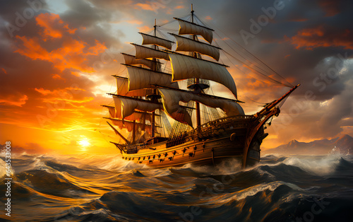 Print op canvas A barque ship floats in the middle of the sea in the waves of the setting sun