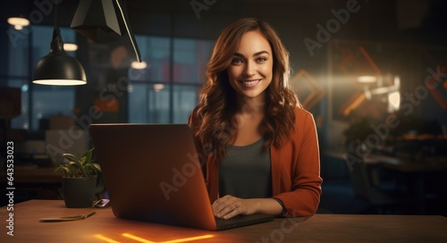 Bible Study. Portrait of smiling student working on laptop at night in office